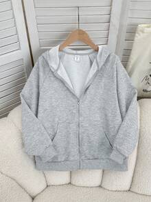 女童拉链口袋插肩袖休闲卫衣外套，适合周末、休闲外出、返校等场合，灰色儿童拉链卫衣，女童灰色卫衣，女童灰色拉链卫衣，秋冬季 - 淺灰色 - 查看 2