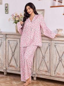 CottageSlumber 大码碎花荷叶边领长袖睡衣套装，秋季服装