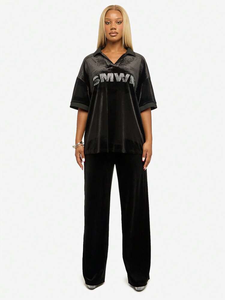 SUMWON WOMEN Pantaloni della tuta svasati in velluto con logo in strass