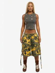 SUMWON WOMEN 棉质罗纹水洗背心，带孔眼细节索环，夏季节日休闲无袖 - 灰色 - 查看 3