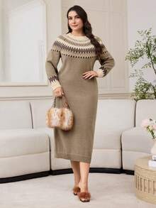 Modelyn 大码几何图案针织连衣裙，秋冬休闲装 - 薄荷綠 - 查看 4