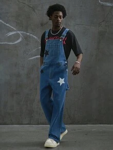 Manfinity ZONE917 Men's Casual Star Print Washed Blue Denim Bib Overalls, Streetwear Style, All Season Punk Regular Washed Blue Baggy Vacation Party For Thrashed Denim - Blue - View 3