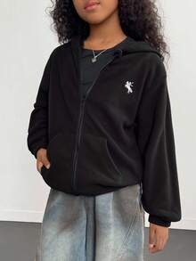 Embroidered Fleece Casual Fashionable Sweatshirt Jacket For Older Tween Girl Fall Winter - Black - View 6