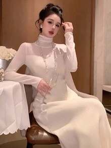 DAZY 女式高领修身毛衣裙，秋冬款 - 米色 - 查看 7