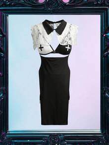Fantasy Costume Bộ trang phục Halloween gợi cảm khoét rỗng 5 món - Đen và trắng - Xem 1
