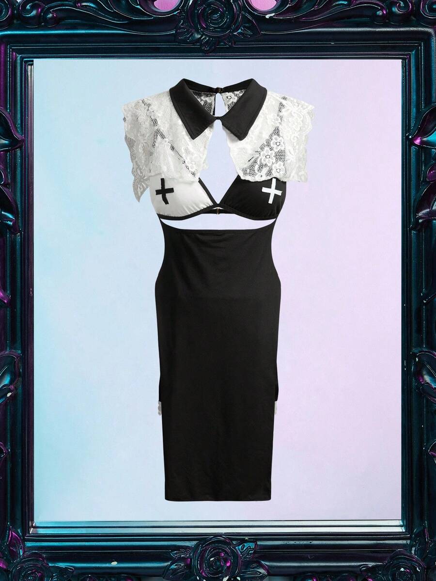 Fantasy Costume Bộ trang phục Halloween gợi cảm khoét rỗng 5 món - Đen và trắng - Xem 1