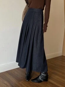 DAZY Women's Elegant Pleated Denim Skirt Fall/Winter - Dark Wash - View 6