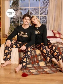 CoupledUp Conjunto de Pijama Confortável de Casal com Estampa de Biscoito de Gengibre e Doces Coloridos, Gola Careca, para Homens - Preto - Visão 6