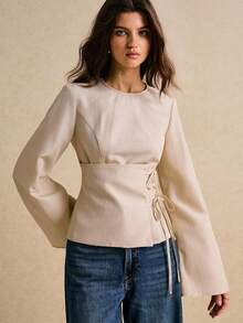 Poéselle 女士喇叭袖休闲衬衫杏色圆领长袖系带腰身通勤上衣秋季女装上衣秋季女装秋季女装冬季商务休闲女装 - 杏色 - 查看 3