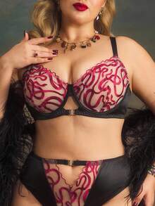 PinupPomp Soutien-gorge avec armatures à patchwork brodé pour grandes tailles - Rouge foncé - Voir 3