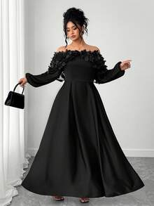 Elenzga 大码女式优雅露肩A字连衣裙，秋冬 - 黑色 - 查看 5