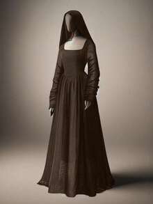 Sweetra Đầm dài tối giản thắt eo phong cách Gothic cổ điển màu trơn - màu nâu - Xem 1