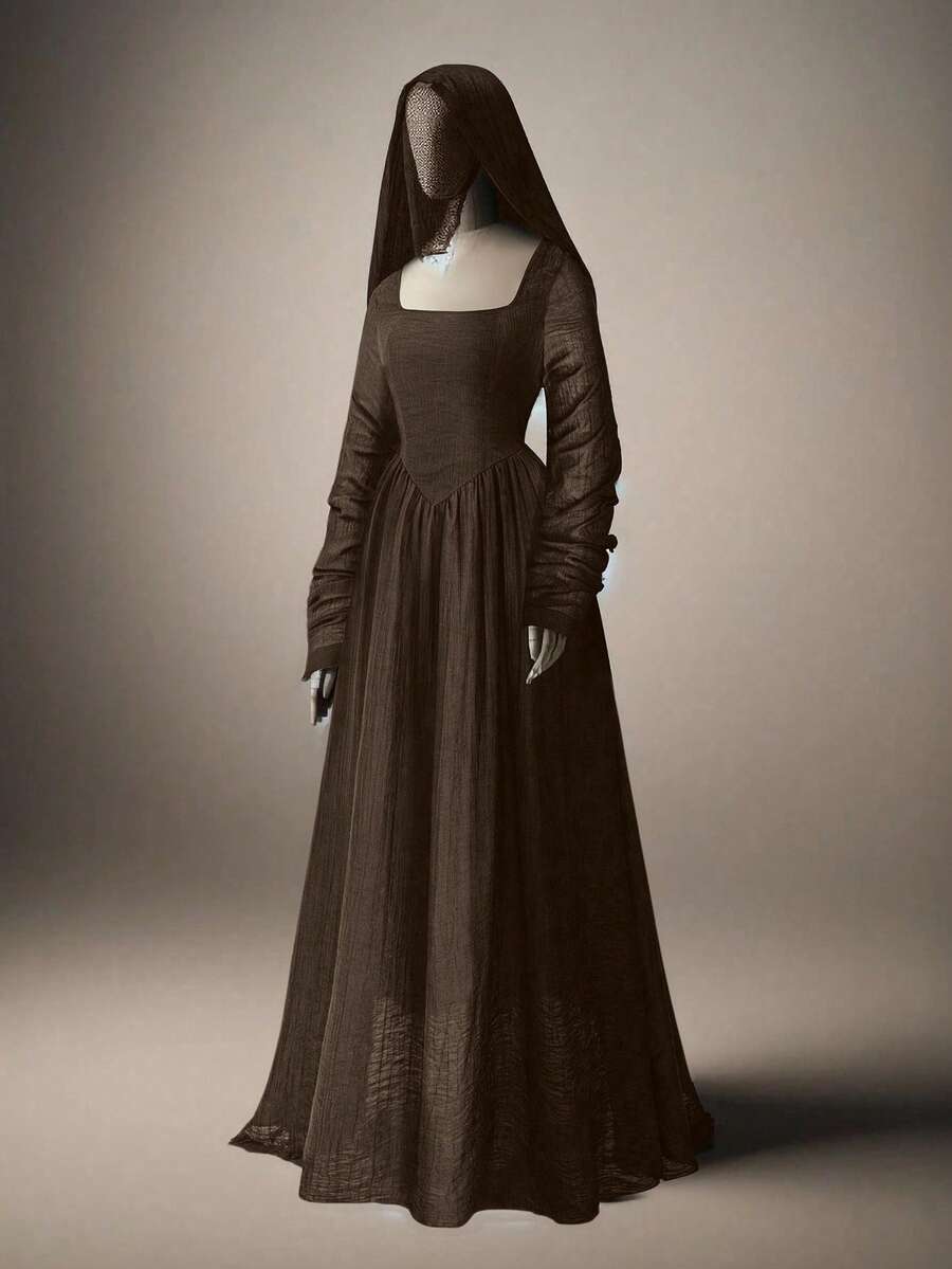 Sweetra Đầm dài tối giản thắt eo phong cách Gothic cổ điển màu trơn - màu nâu - Xem 1