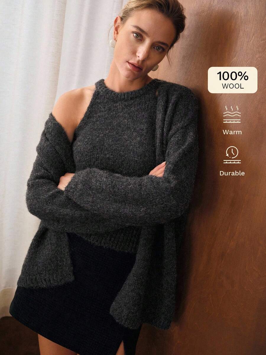 MOTF PREMIUM 羊毛纯色露背针织上衣和落肩宽松开衫套装