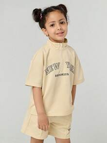 SHEIN Explorewe Young Girl Fashion Letter Print Lapel Short Sleeve Top And Loose Shorts Set,Summer Sport Back-To-School Classic Playful Design Outfit - Apricot - View 8