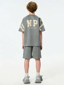 SHEIN 2pcs Tween Boy Letter Print Drop Shoulder Tee And Shorts, Casual Set, School, Campus, College Summer Holiday - Multicolor - View 1