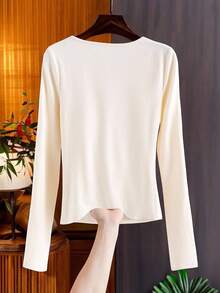 GlowEve Áo thun dài tay raglan co giãn ôm sát, chất liệu cao cấp, họa tiết hoa 3D tối giản, màu mơ, đa năng và tinh tế, thích hợp cho công sở. - Màu be - Xem 2