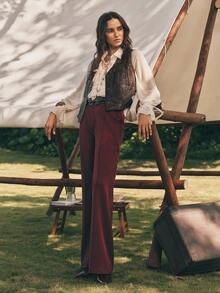 Anewsta 时尚高腰裤，配金属扣腰带，适合通勤，优雅，别致，秋冬，新年，勃艮第酒红色 - 中紫紅色 - 查看 3