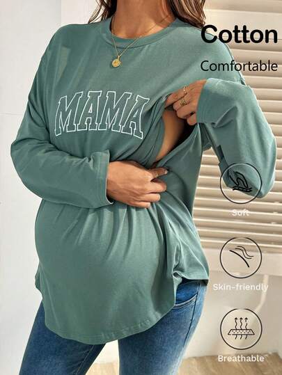 SHEIN Maternity Letter Print Round Neck Long Sleeve Casual Nursing Top Mama Shirt Pregnancy Shirts Breastfeeding Shirt Maternity Shirts Nursing Tops