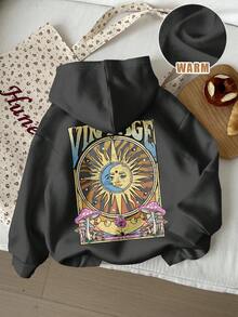 Tseoso Áo sweatshirt dáng rộng in hình mặt trời và chữ cái phong cách vintage, thoải mái cho nữ mùa thu/đông. - Màu xám đen - Xem 3