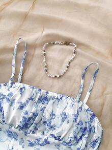 SHEIN 少女蓝白花卉网眼露背度假/节日连衣裙，复古/沙滩/大海/优雅/可爱，春夏，新年，情人节 - 藍白色 - 查看 3