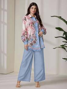 Seusyu 2pcs Women Vintage Flower Print Blouse And Pants Set - Blue - View 4