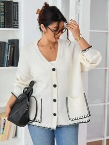 SHEIN Frenchy Cardigan Rajut Santai Kasual Minimalis Ukuran Plus Serbaguna Gaya Urban Chic untuk Wanita/Musim Dingin/Musim Dingin - Krem - View 1
