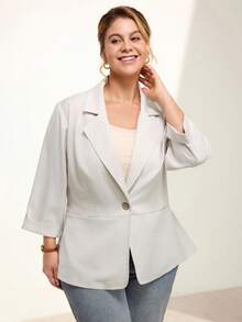 Momelise 大码女式修身优雅单扣西装外套，秋冬 - 卡其色 - 查看 6