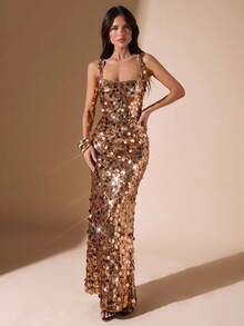 SHEIN BAE 秋冬纯酒红色亮片细肩带修身优雅露背连衣裙，适合派对、活动、节日、正式场合、鸡尾酒会 - 酒紅色 - 查看 3