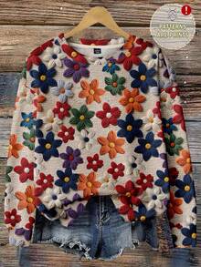 EMERY ROSE Casual Versatile Autumn Maple Leaf Textured Print Plus Size Women Sweatshirt, Suitable For ,Spring - Multicolor - View 1