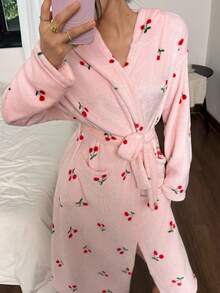 SHEIN Women's Plush Cherry Print Fluffy Hooded Robe, Winter, Fall Winter, Cozy - Pink - View 6