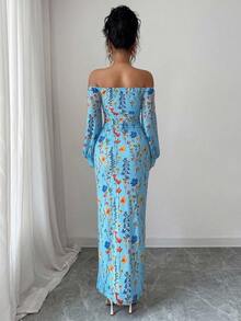 Rafferiza Women's Light Blue Floral Elegant Summer Holiday Vacation Holiday Off-Shoulder Floral Branch Print Mesh Elastic Waist Bodycon High Slit Maxi Dress - Blue - View 2
