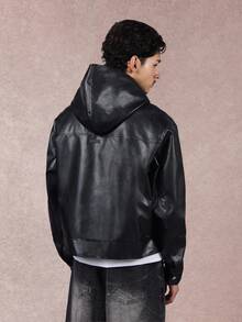 SUMWON Crop Fit Premium Faux Leather Jacket With Hood Classic Trucker Style Winter Fall Outerwear Casual Streetwear Motorcycle Fashion Urban Zip Up - Black - View 2