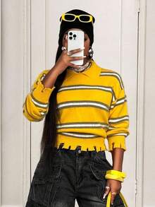 BamGleam Suéteres de mujer, de manga larga tejidos, con rayas amarillas, sensación de desgarro multicolor gris, estilos regulares, casuales, para viajes, vacaciones y fiestas, ropa de mujer, estilos de primavera y otoño, estilos de invierno y verano