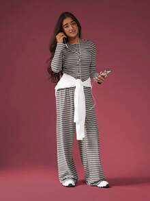 SUMWON Ribbed Knit Striped Co-Ord Two Piece Set Long Sleeve Crop Top Wide Leg Pants Wear Casual Fall Winter Outfit