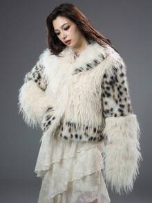 Bloopia Abrigo corto de piel sintética con cuello vuelto y parches de estampado de leopardo, estilo urbano y versátil, adecuado para otoño/invierno y Halloween