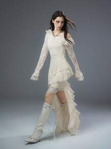 Bloopia波西米亚风优雅浪漫收腰显瘦女装秋冬万圣节精致提花不对称下摆露肩长袖连衣裙 - 杏色 - 查看 5