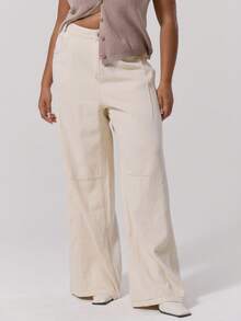 MUSERA 对比色缝线阔腿中腰牛仔裤，优雅可爱性感街头风，适合夜间外出穿着，曲线优美 - 奶油色 - 查看 2