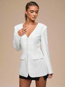 SHEIN BAE Damen Mode Slim Fit Blazer Jacke mit tiefem V-Ausschnitt - Weiss - Übersicht 8