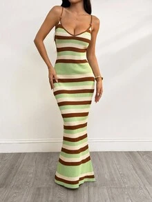 SHEIN PETITE Đầm dệt kim mới dành cho nữ, đầm móc với cổ yếm chéo và lưng hở, đầm kẻ sọc phong cách bohemian, đầm đi nghỉ mát, đầm thanh lịch dành cho nữ mùa thu/đông. - Nhiều màu - Xem 5