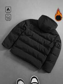 Manfinity Roghcode Men's Black Solid Color Hooded Winter Puffer Jacket,Basic Casual Date Long Sleeve Utility Pocket Thermal Lined Puffy Coat - Black - View 3