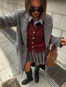 Maija 女士休闲百搭纯色开衫 女士薄款开衫 酒红色开衫 深红色开衫 纽扣开衫 - 棕色 - 查看 5