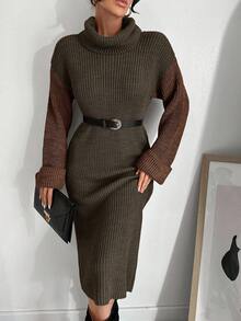 EURMUSE Women's Autumn/Winter Fashion Color Block High Neck Knit Dress - Dark Green - View 7