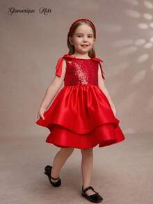 Glamorique Kids 万圣节服装女孩正式庆典生日派对礼服，无袖亮片肩蝴蝶结薄纱公主裙，特殊场合礼服 - 紅色 - 查看 3