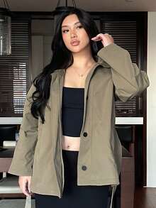 Dazy Plus Plus Size Women Stand Collar Long Sleeve Tie Waist Casual Trench Coat, Spring/Autumn Jacket