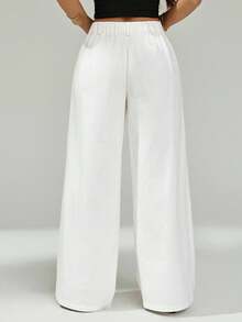 SHEIN PETITE 女士通勤优雅100%纯棉舒适透气秋冬春夏阔腿通勤长裤 - 白色 - 查看 2