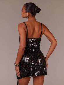 Athîral Women's Black Sequin Wrap Mini Dress,Iridescent Disc Embellished Mesh Fitted V-Neck Spaghetti Straps Summer 70s Party Night-Out Cocktail Club Festival - Black - View 2