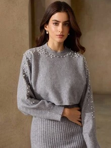 GENKIRA 2pcs Set: Beaded Long Sleeve Top & Slip Dress - Grey - View 1