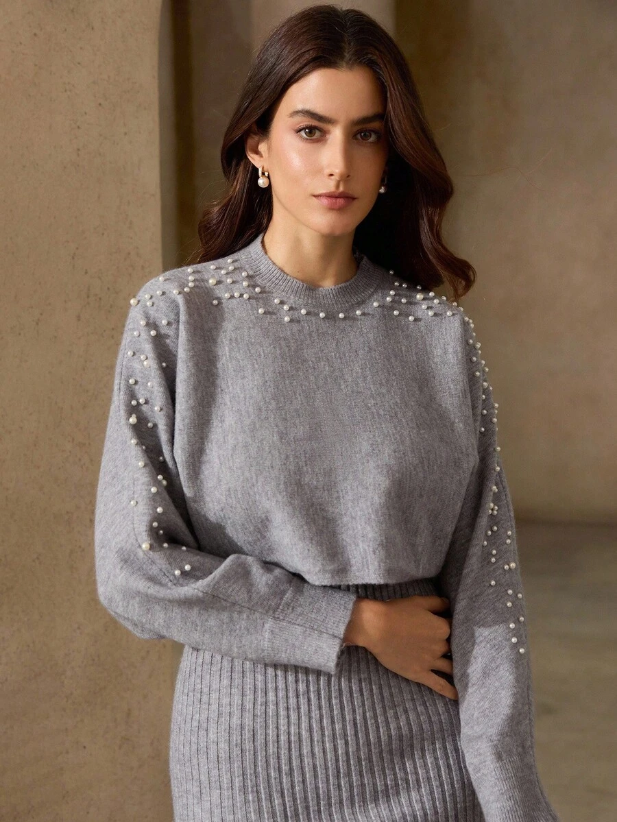 GENKIRA 2pcs Set: Beaded Long Sleeve Top & Slip Dress - Grey - View 1