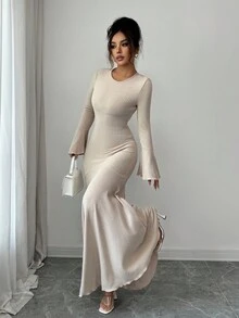 Elenzga 女式优雅弹力修身鱼尾下摆荷叶边袖连衣裙，秋冬 - 卡其色 - 查看 6